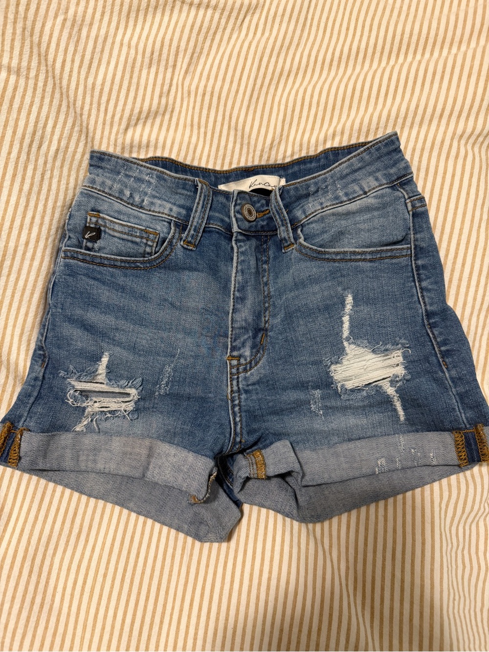 KanCan Distressed Rolled-Hem Denim Shorts - Blue
